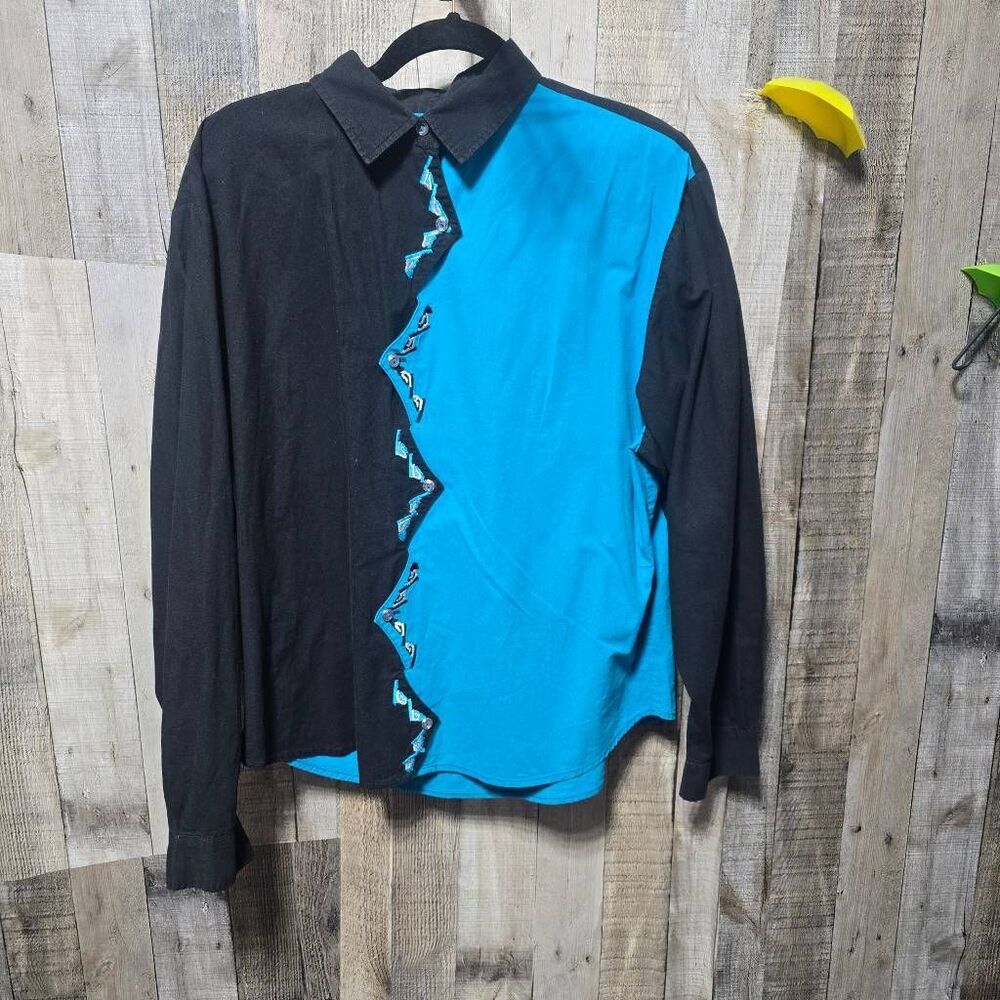 I Heart Cowboys Vintage 80s Teal Black Zigzag Seam Color Block Western Shirt